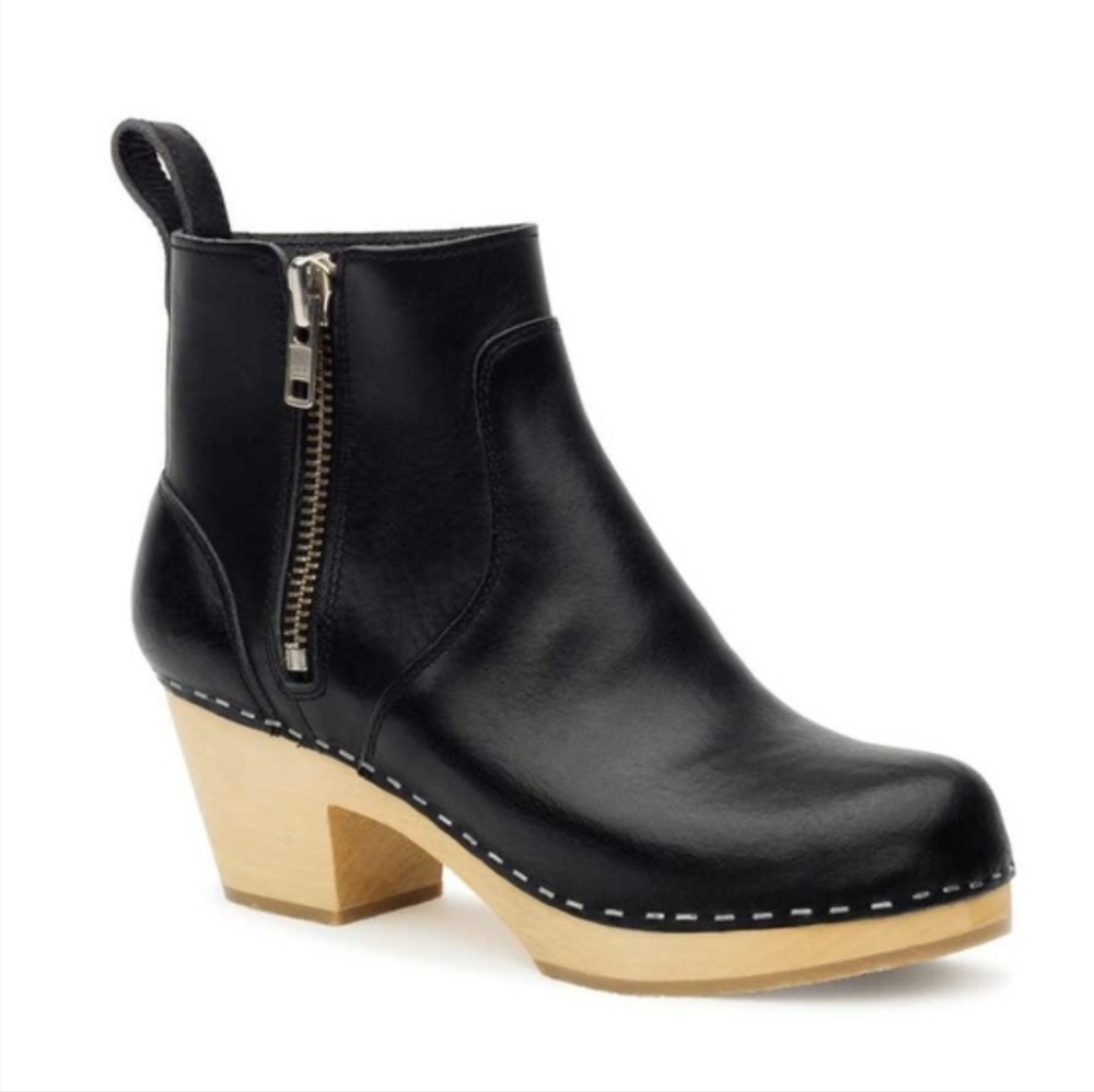 Swedish Hasbeens Zip It Emy Clog Ankle Boots in Black Leather Size 38